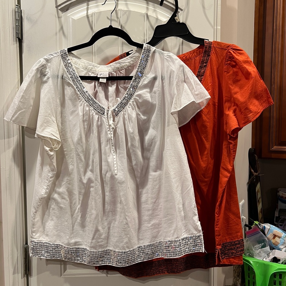 Venezia Lot of 2 Sequin Trim 100% Orange White Cotton Tops Sz 18/20